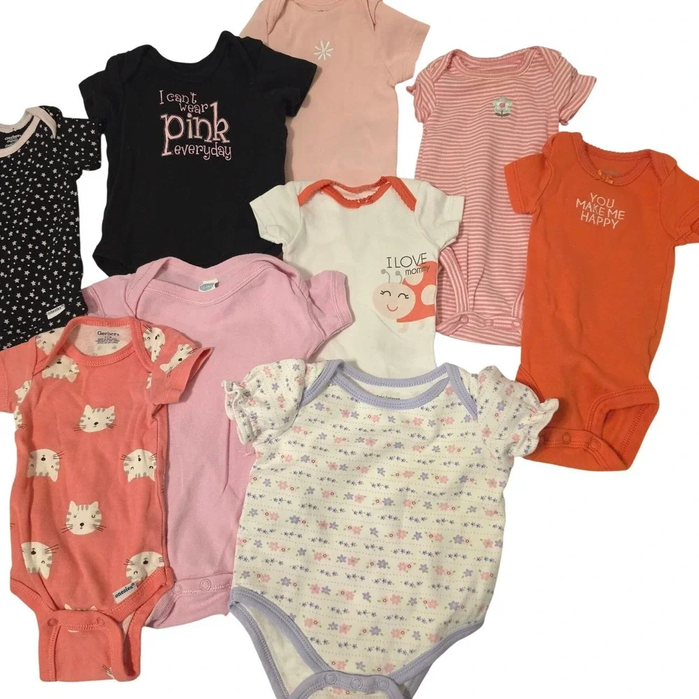 Mixed Lot of 9 Onesies and Bodysuits  Pink Orange Black NB-3Ms‎